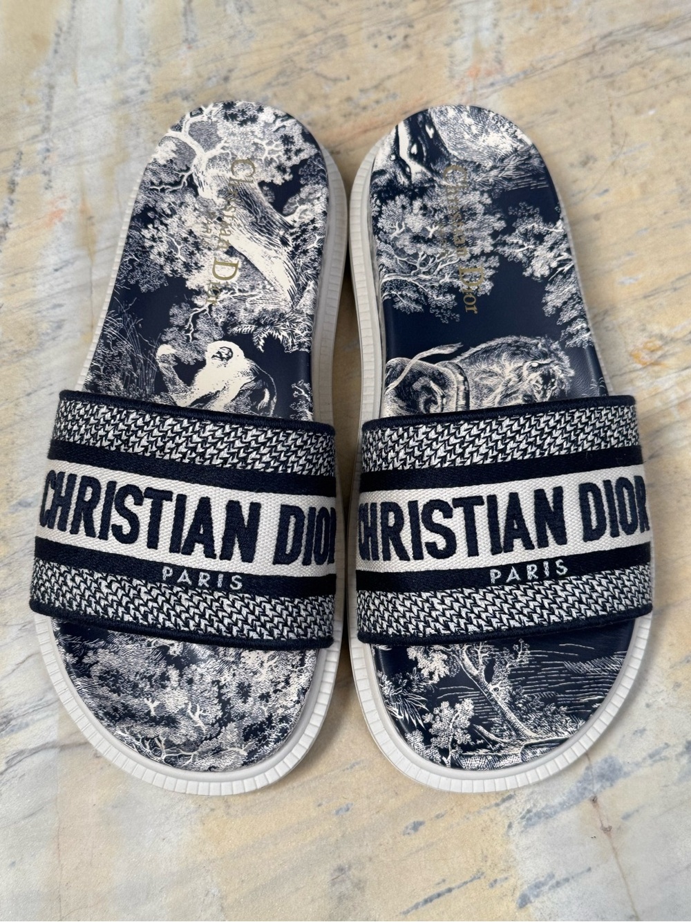 Christian Dior Blue White Dway Flower Toile Logo Slide Sandals size 37 - Picture 1 of 16